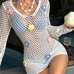 Crochet Mesh Cover-Up Dress - White with Blue and Yellow Accents